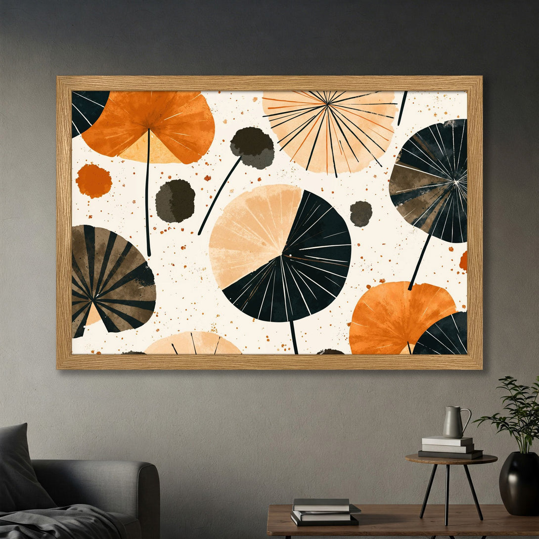 Framed Poster featuring abstract floral design in orange, black, and brown. Modern art style with a neutral color palette.