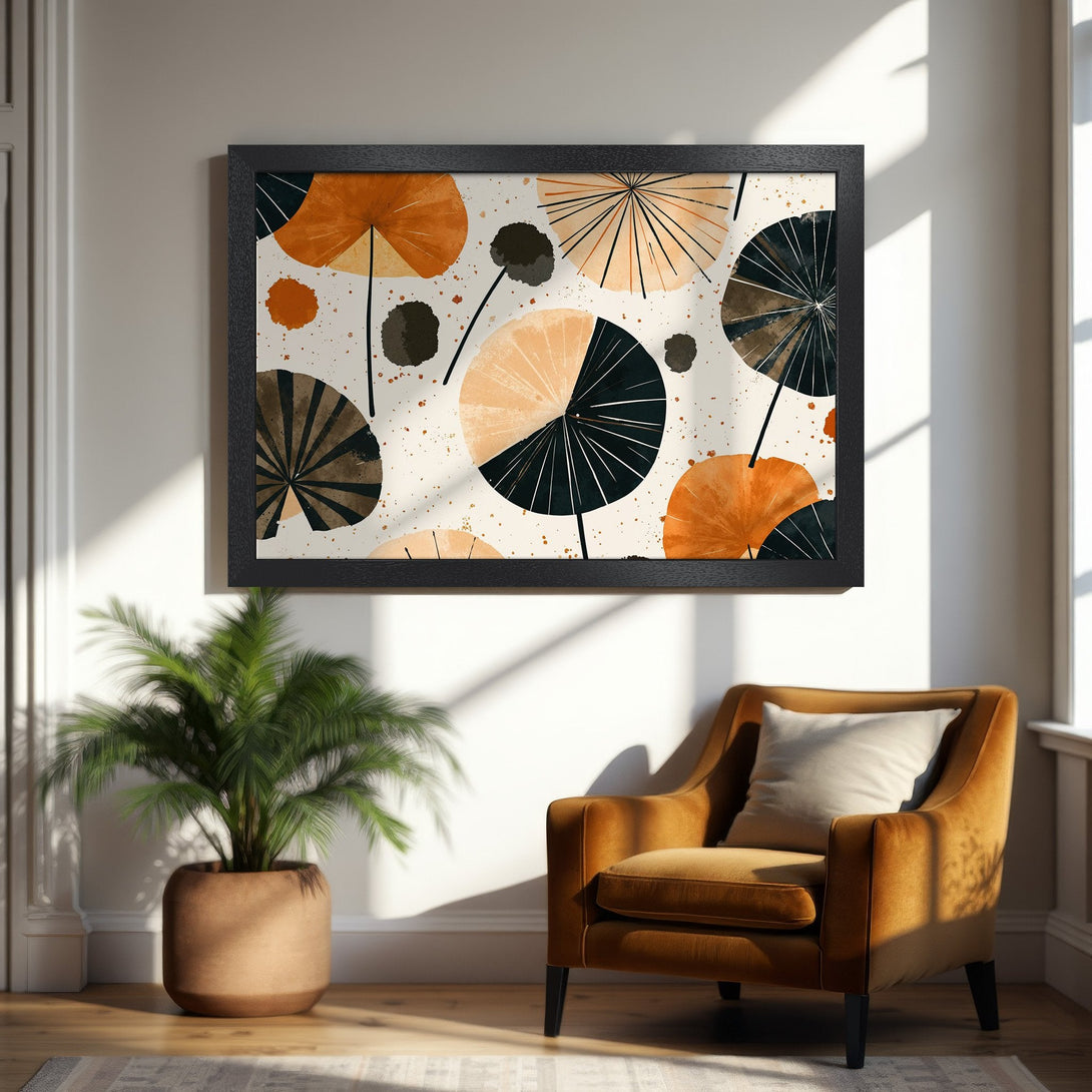 Framed Poster featuring abstract art in orange, black, and beige. Modern style, perfect for home decor. Shop now!