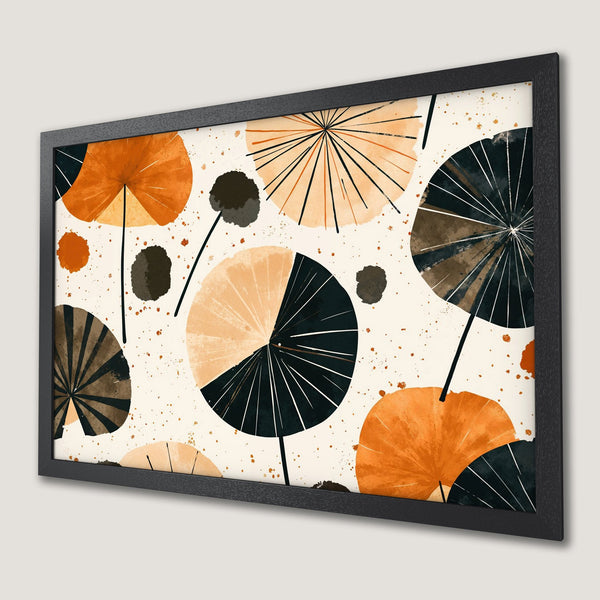 Framed Poster featuring abstract watercolor art with orange, black, and beige floral shapes. Modern wall decor for any space.
