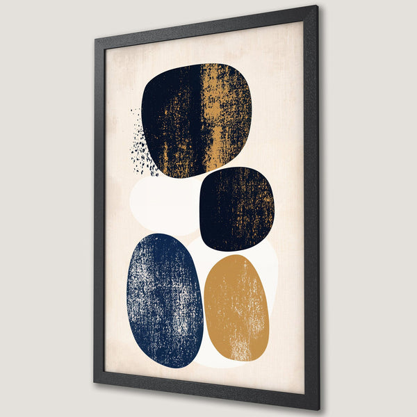Framed Poster featuring abstract art with navy, gold, and beige tones. Modern art print for home decor.