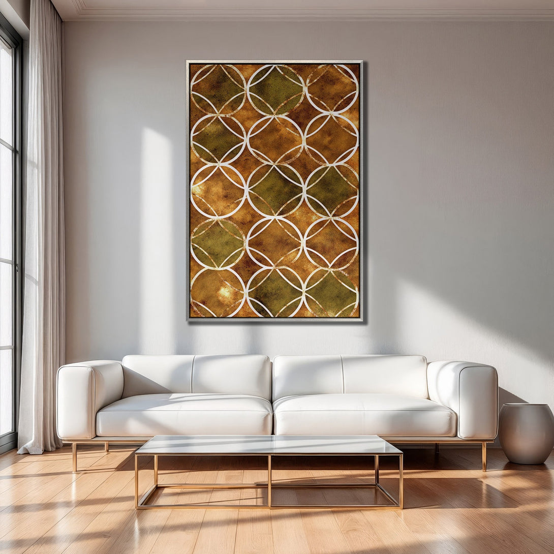 Framed Wall Art: Abstract geometric pattern in warm brown and olive tones. Modern art for living room decor. Shop Canvas Prints today!