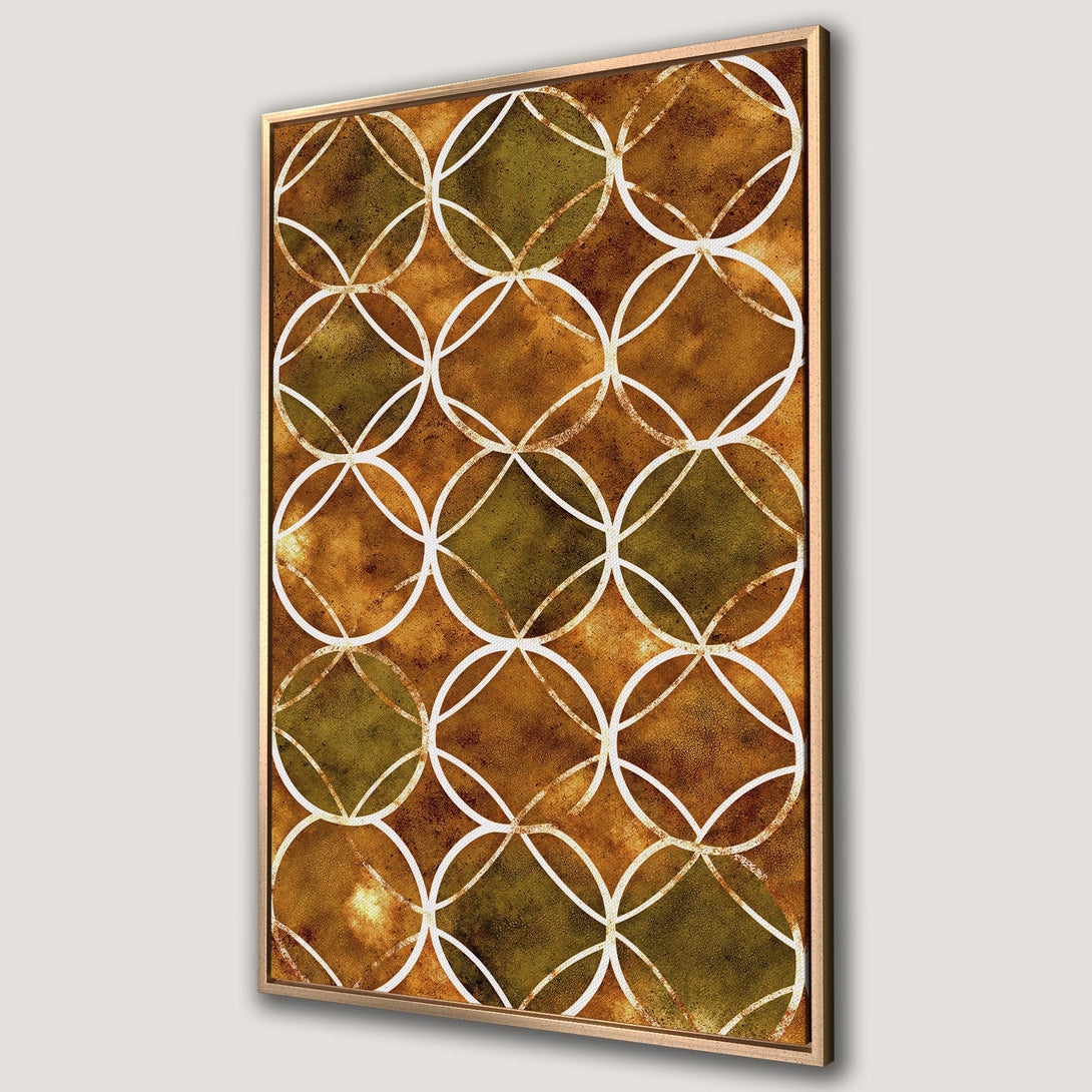Framed Wall Art featuring a geometric pattern in warm brown and olive green tones. Modern abstract design for a stylish interior.