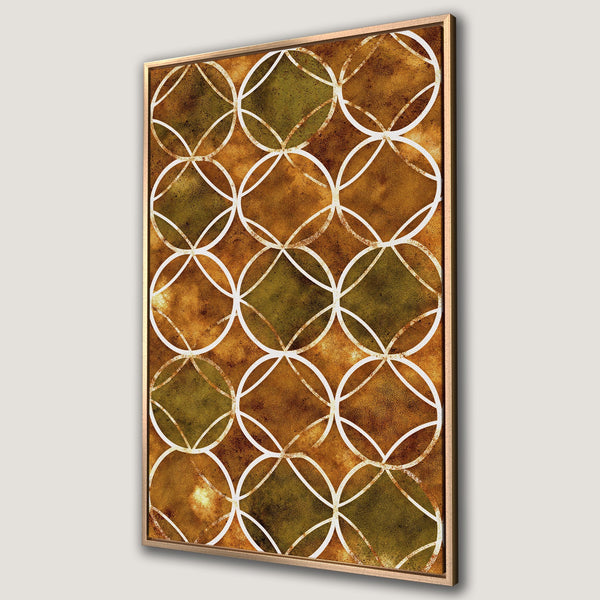 Framed Wall Art featuring a geometric pattern in warm brown and olive green tones. Modern abstract design for a stylish interior.