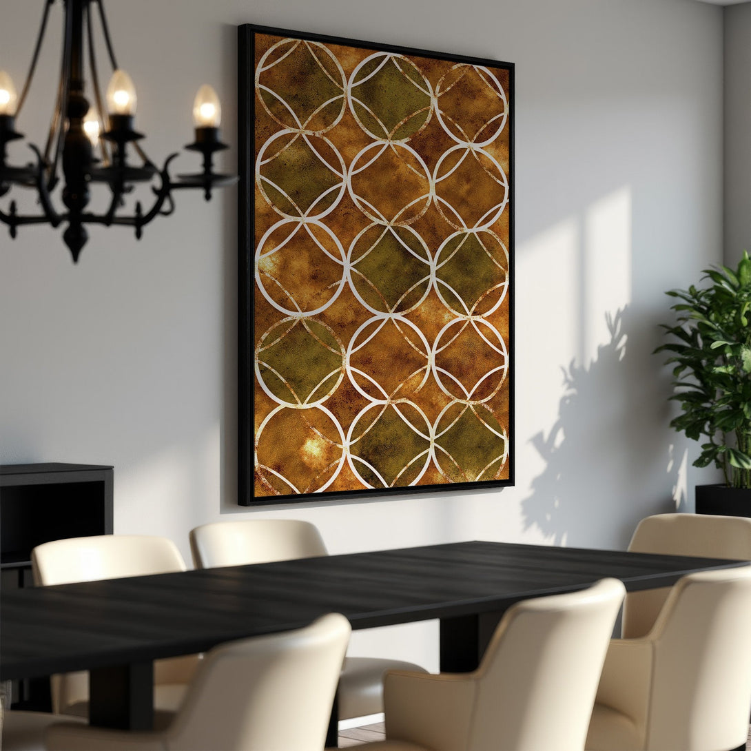 Framed Wall Art featuring an abstract geometric design in warm earth tones. Elevate your dining room with this stylish and modern canvas print.