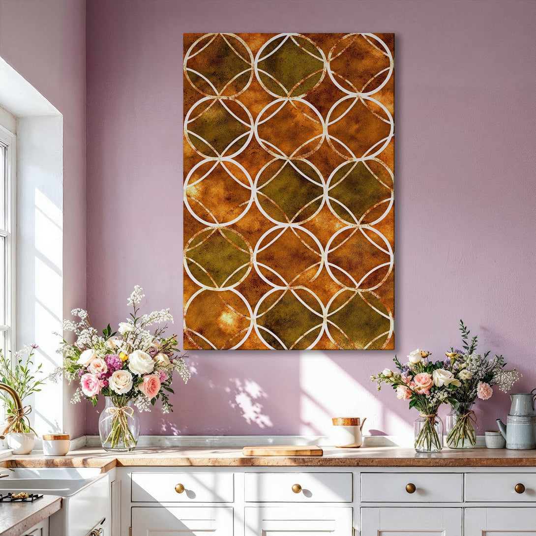 Framed Wall Art: Geometric abstract art in warm brown and olive tones. Modern living room decor featuring a stylish canvas print. Shop now for unique wall art!