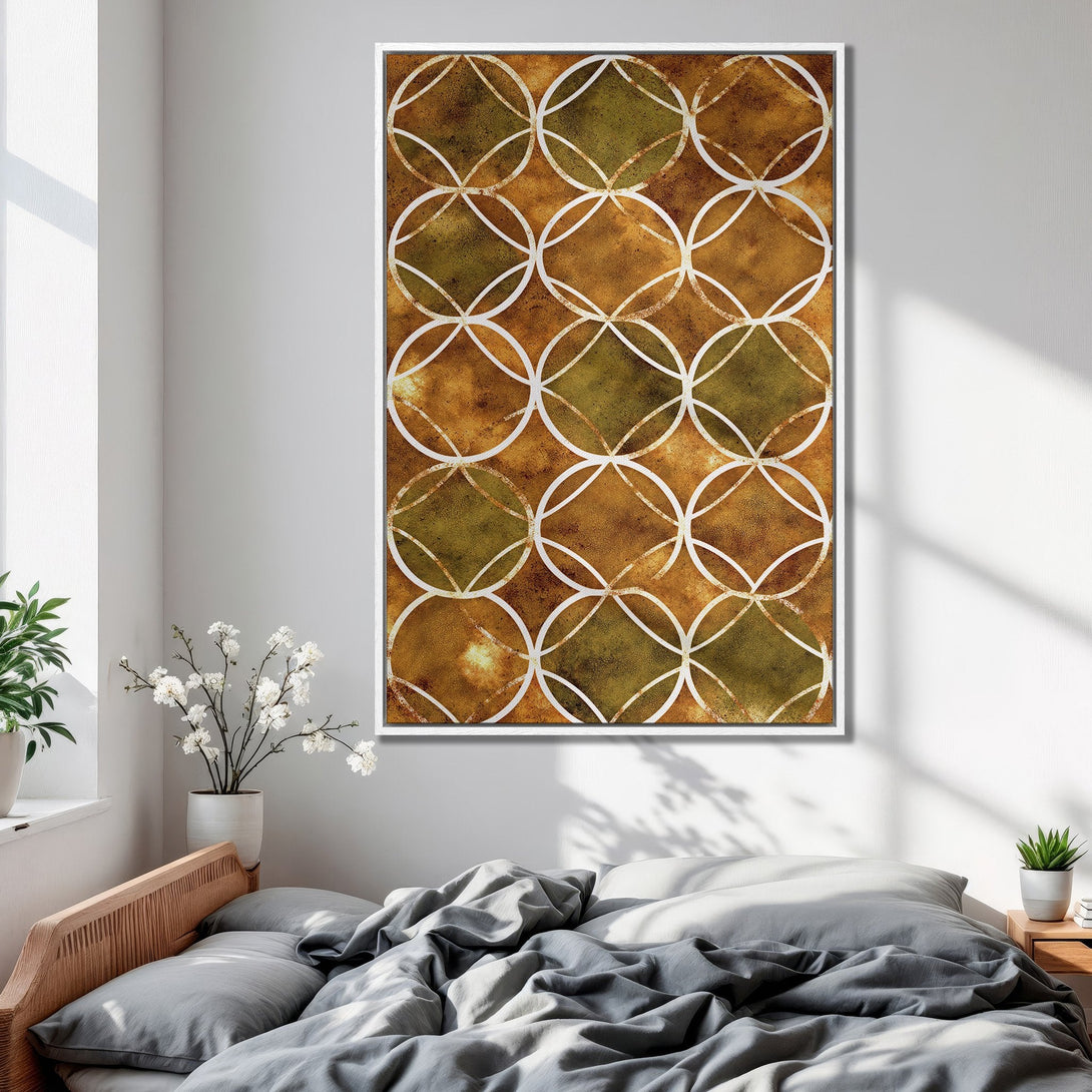 Framed Wall Art featuring a geometric pattern in warm earth tones. Adds a touch of modern style and color to any bedroom decor.
