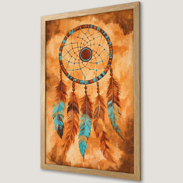 Framed Poster featuring a dreamcatcher in warm orange and teal tones. Rustic art style, perfect wall decor for any room.