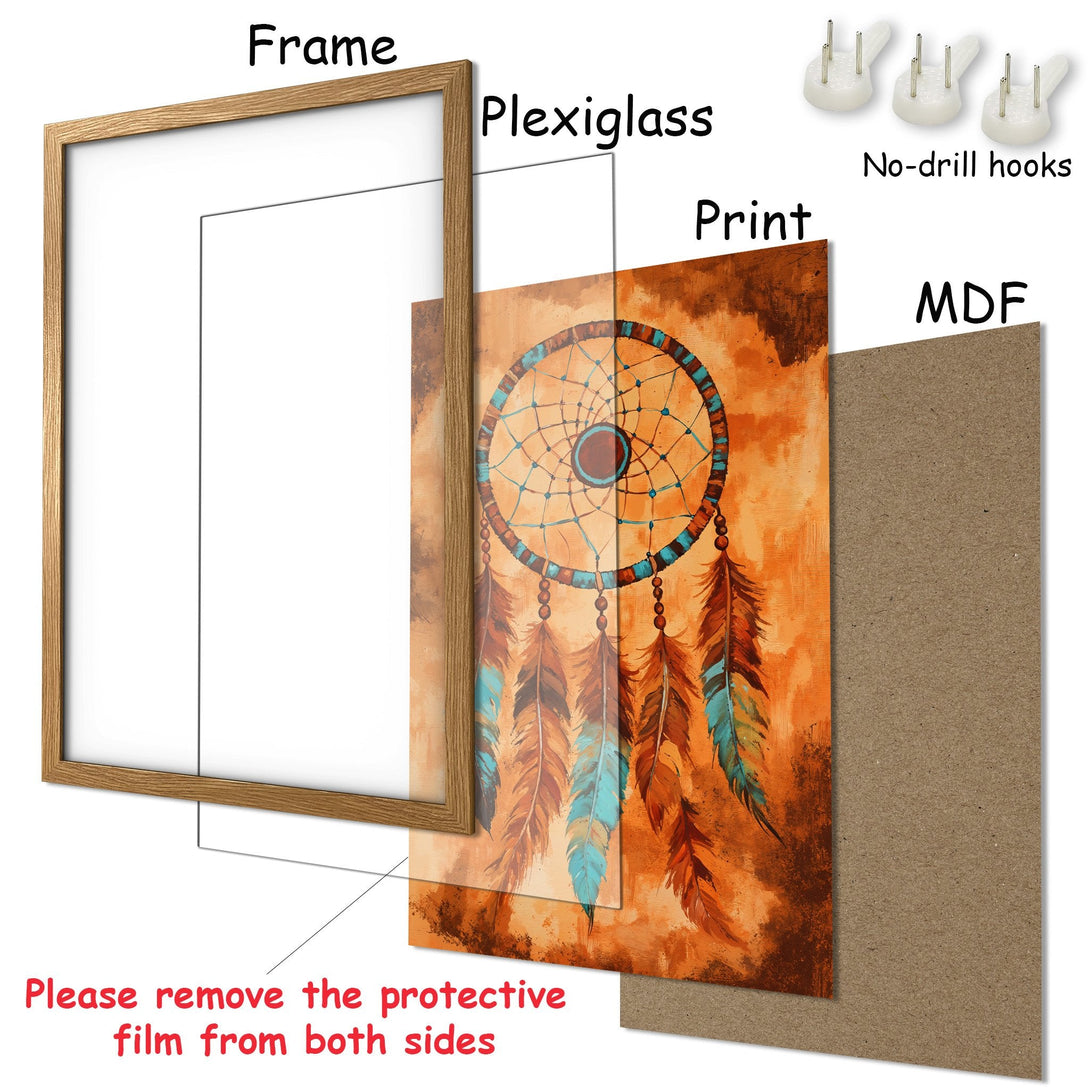 Framed Poster featuring a dreamcatcher design in warm orange, teal, and brown tones. Perfect wall art!