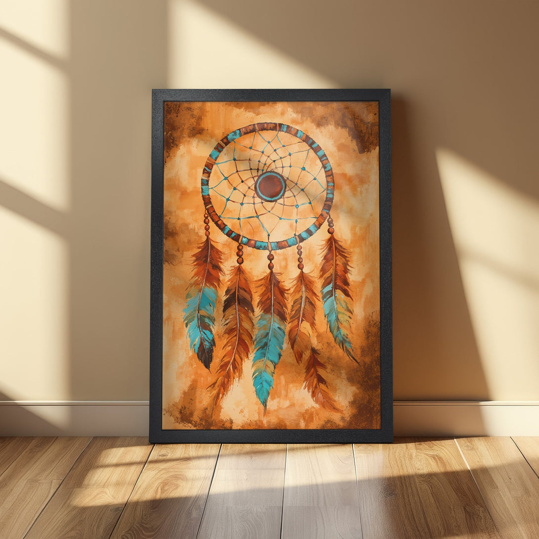 Framed Poster featuring a dreamcatcher in warm orange, brown, and turquoise tones. Perfect boho wall art!