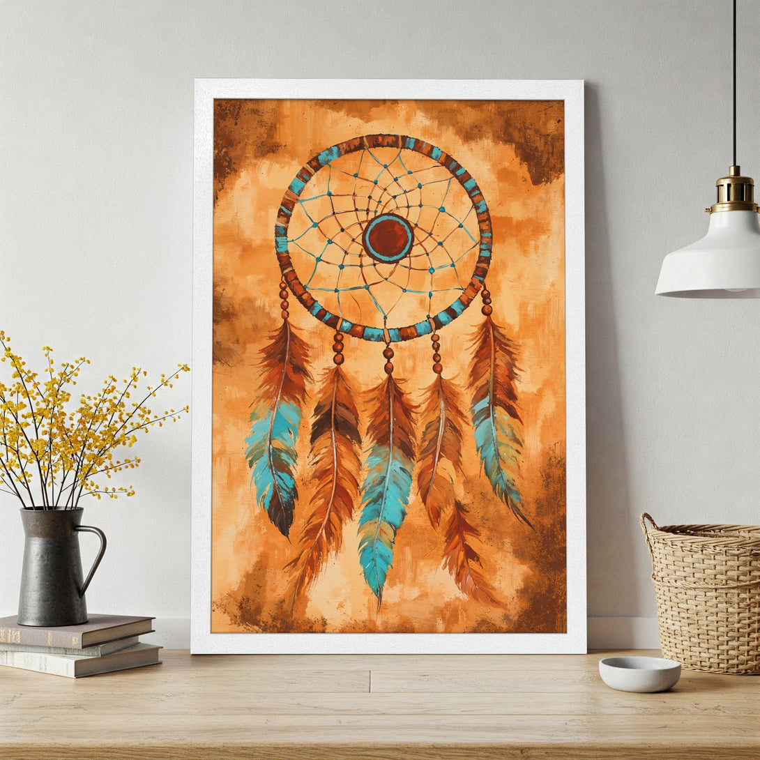 Framed Poster featuring a dreamcatcher in warm orange, brown, and teal tones. Bohemian style art print for home decor.