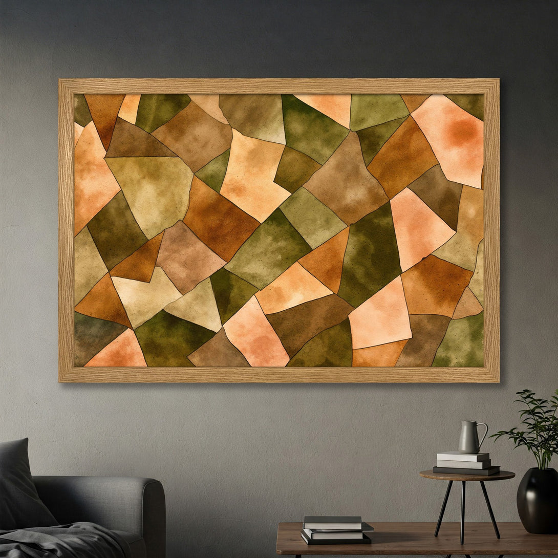 Framed Poster featuring abstract geometric art in earthy tones. Perfect wall decor for a modern, stylish home.