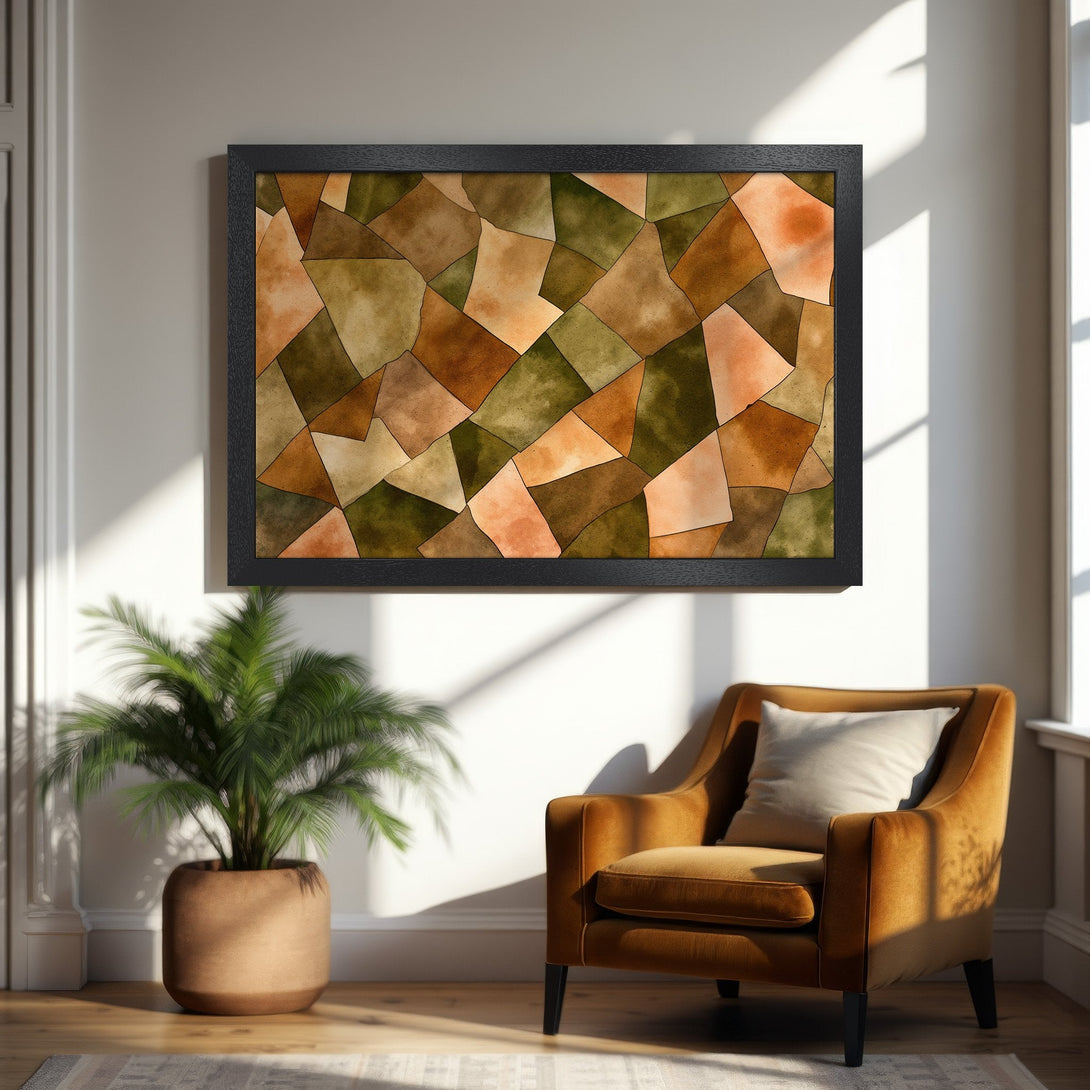 Framed Poster with abstract geometric design in warm earth tones. Modern art print for home decor.