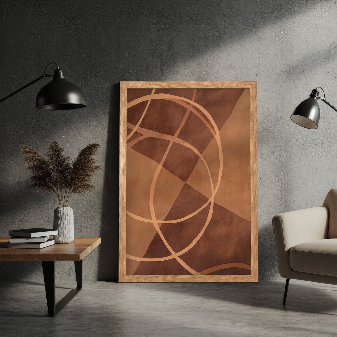 Framed Poster featuring abstract geometric art in warm brown tones. Modern style, perfect for home decor.