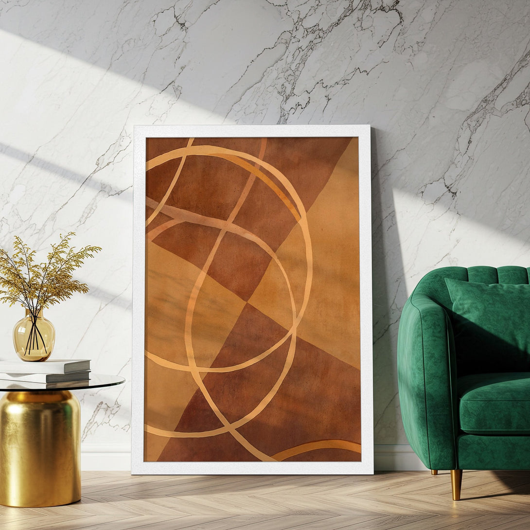 Framed Poster featuring abstract geometric art in warm brown and gold tones. Perfect wall decor for modern homes.