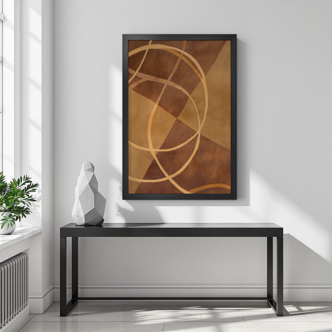 Framed Poster featuring an abstract geometric design in warm brown and gold tones. Modern art style, perfect for home decor.