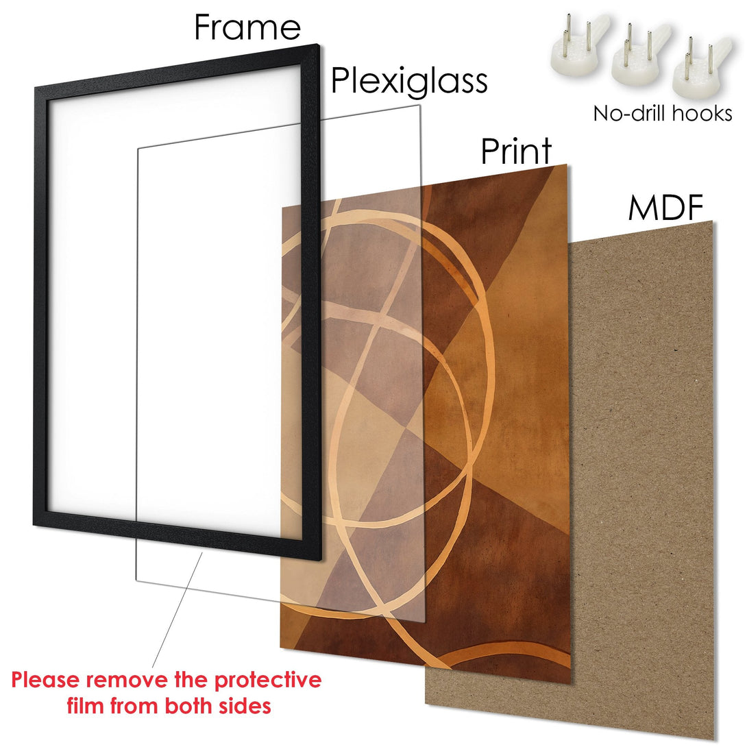 Framed Poster with abstract geometric design in warm brown and beige tones. Modern art print ready to hang.
