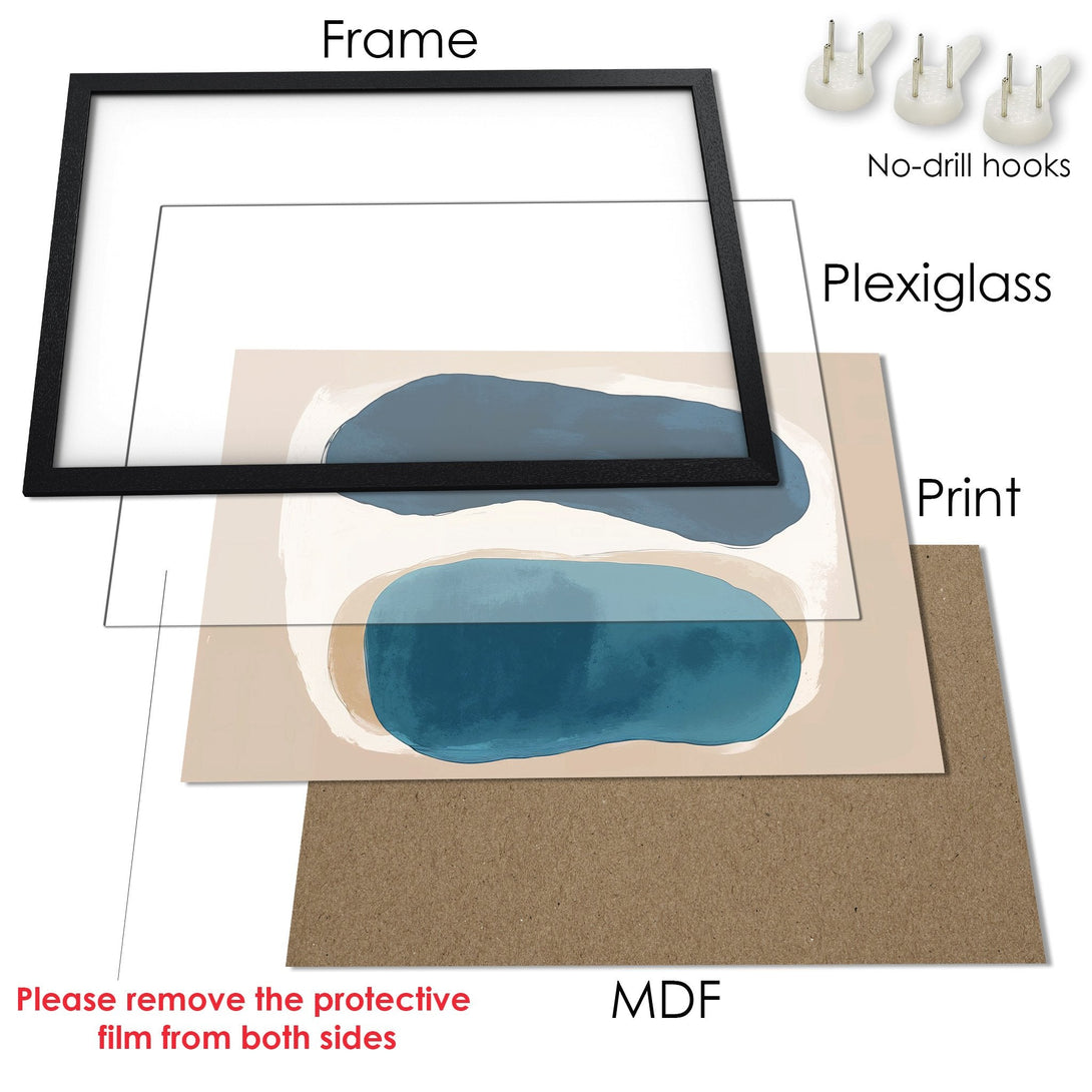 Framed Poster with abstract art. Features a modern style with a neutral color palette of blue and beige. Perfect wall decor!