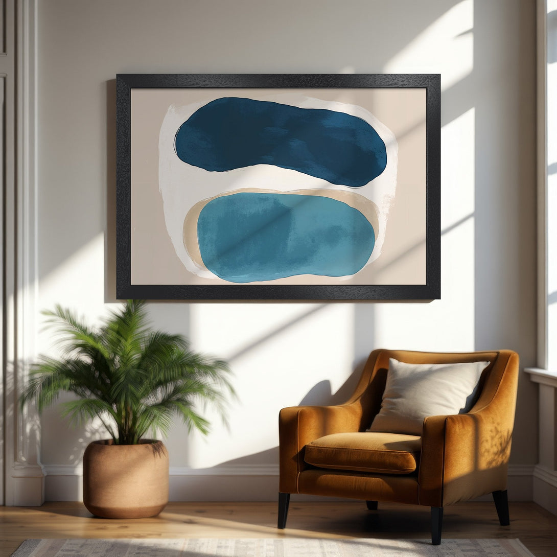 Framed Poster featuring abstract art in blue and beige tones. Modern style perfect for home decor.