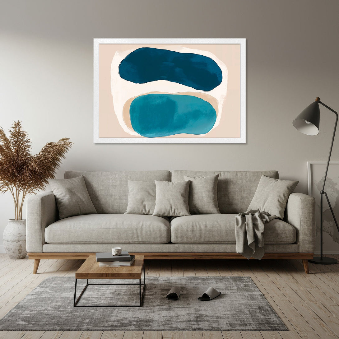 Framed Poster featuring abstract art in teal and beige tones, perfect for modern home decor.
