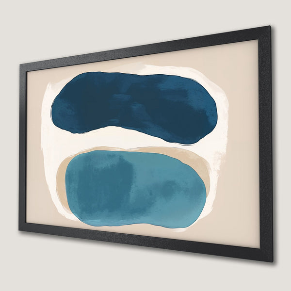 Framed Poster featuring abstract art with blue shapes on a neutral background. Modern decor.