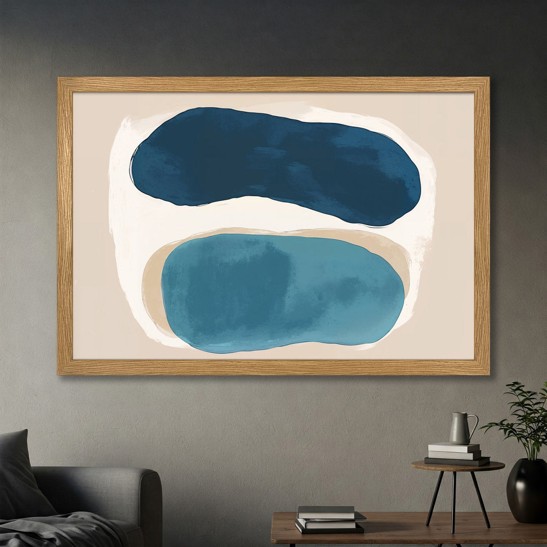 Framed Poster featuring abstract art with blue shapes on a neutral background. Modern art print perfect for home decor.