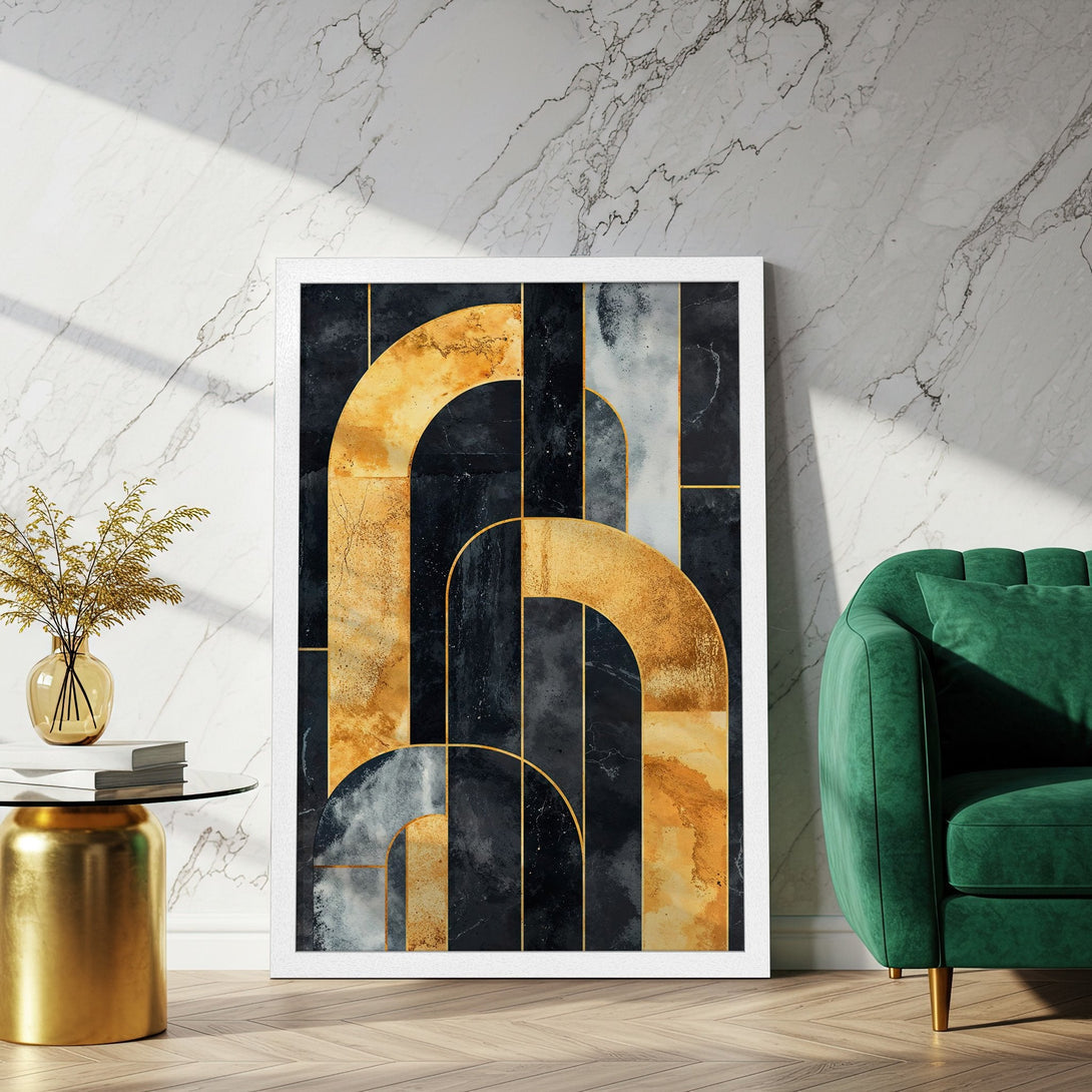 Framed Poster featuring an abstract geometric design in gold, black, and gray. Modern art print for stylish home decor.