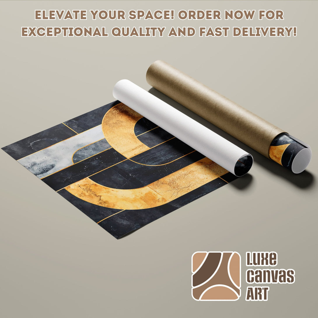Abstract art Poster Roll in black, gold, and gray. Elevate your space with Luxe Canvas Art!