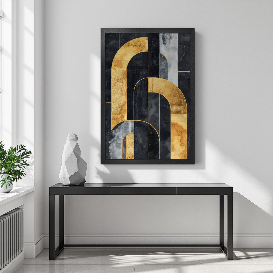 Framed Poster featuring an abstract geometric design in gold, black, and gray. Modern art for your home.