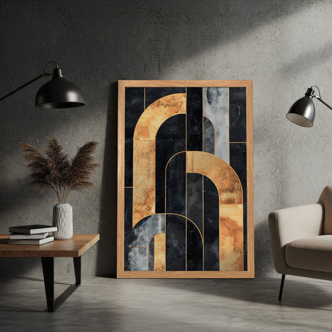 Framed Poster featuring abstract geometric art in black, gold, and grey tones. Modern wall art for your home.