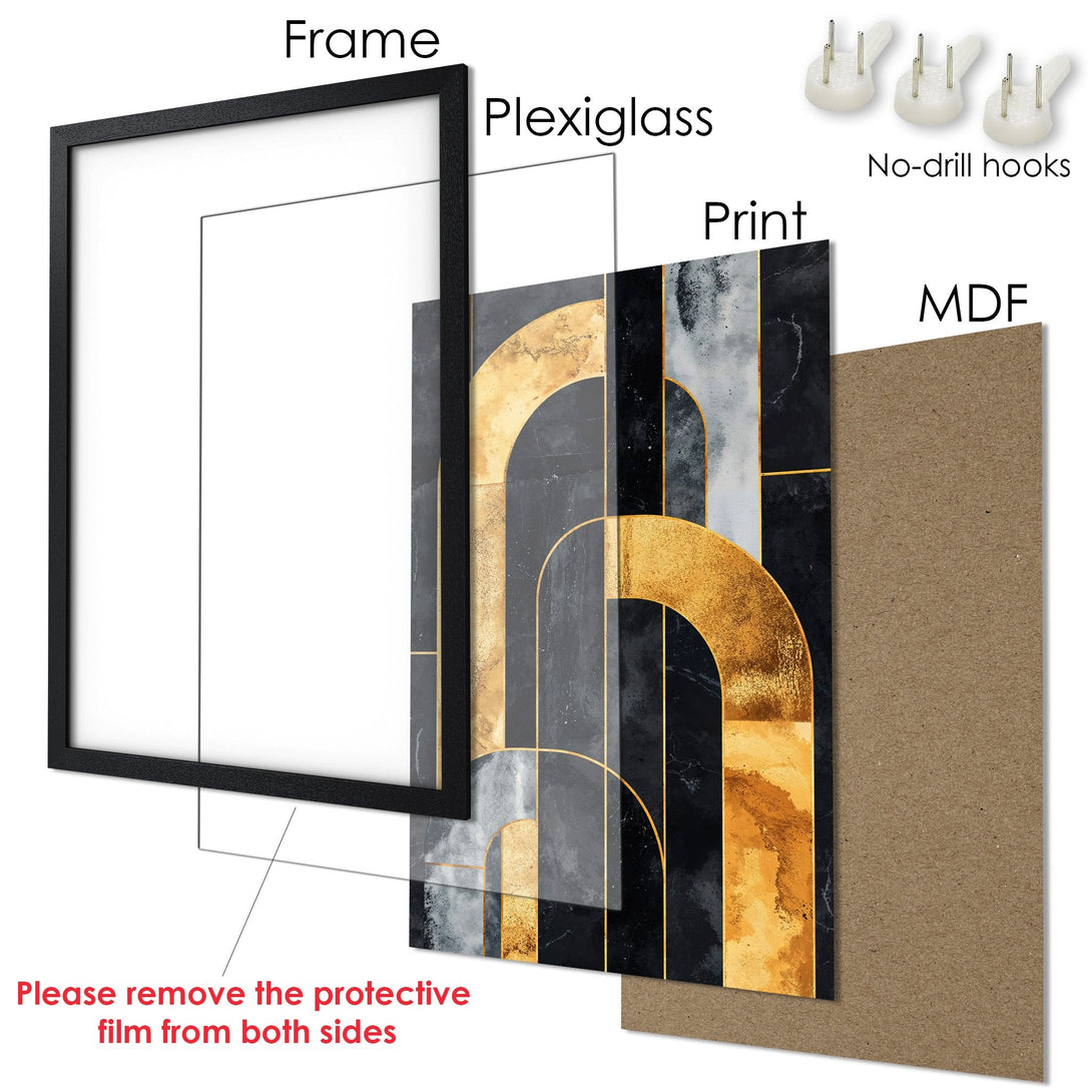 Framed Poster featuring an abstract design in gold, black, and gray. Modern art style, perfect wall decor.