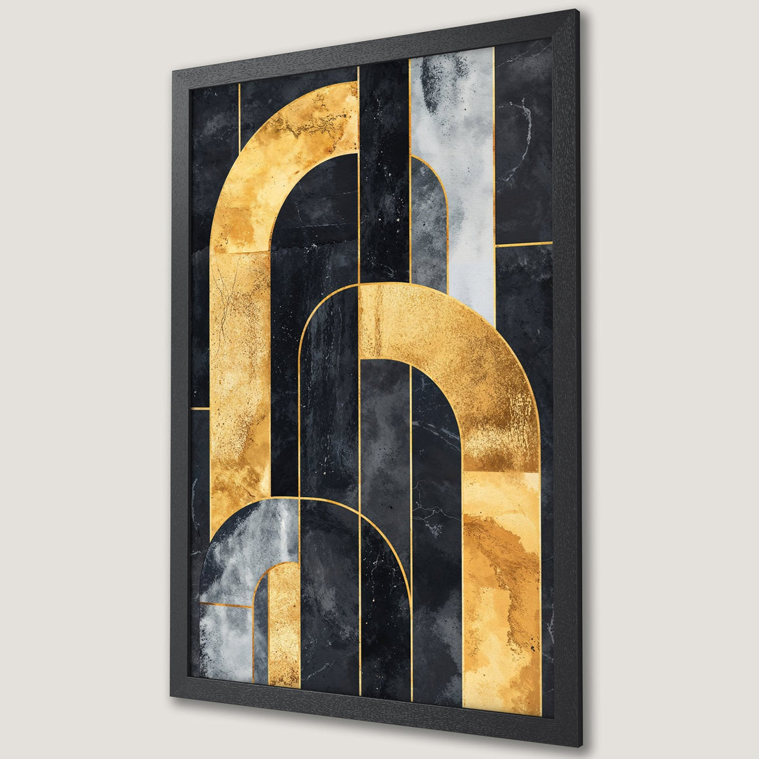 Framed Poster featuring abstract gold arches on a black & white marble background. Modern art print, perfect for home decor.