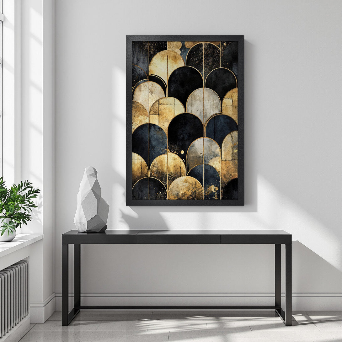 Framed Poster featuring an abstract geometric design in black, gold, and neutral tones. Modern art for stylish home decor.