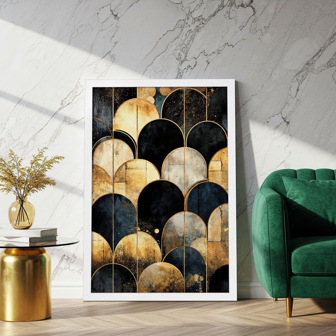 Framed Poster featuring an abstract geometric design in gold, black, and navy blue. Modern art for your home!