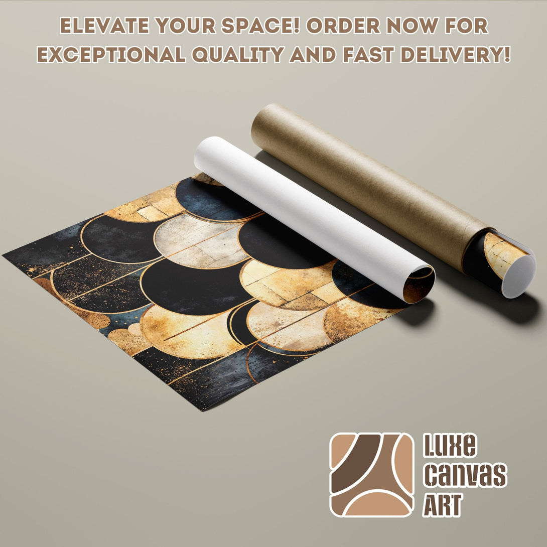 Abstract Poster Roll with gold, black, and blue color palette. Modern art for your space!