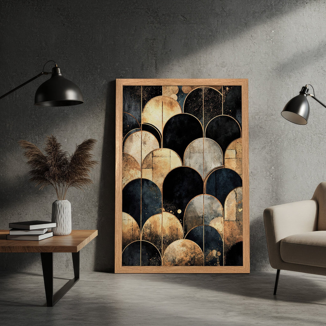 Framed Poster featuring an abstract geometric design in a modern style with a black, gold, and blue color palette. Perfect wall art!
