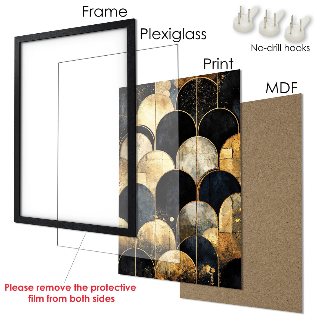 Framed Poster featuring an abstract geometric design in black, gold, and grey. Modern art print for your home decor.
