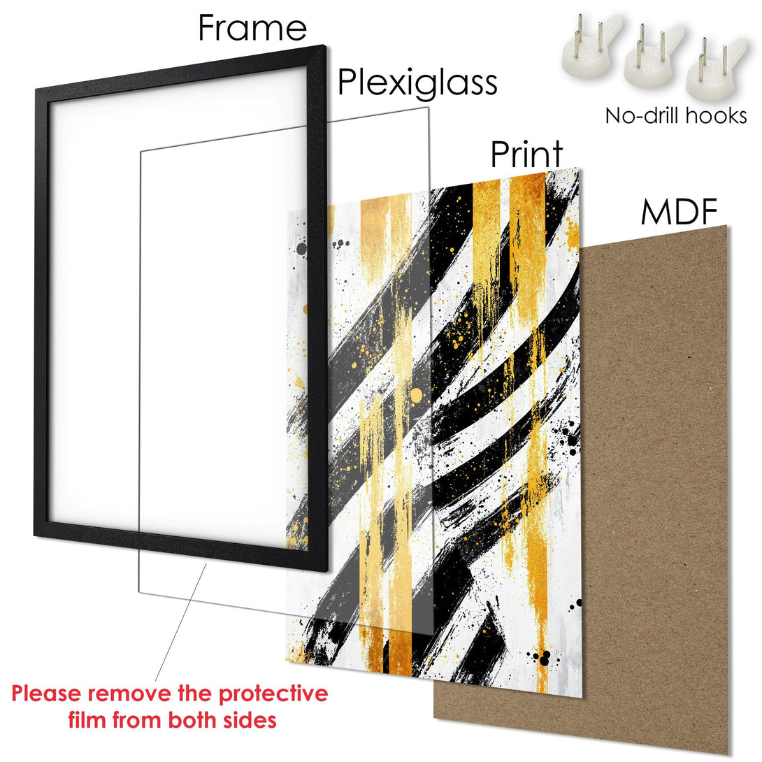 Framed Poster with abstract brushstroke design in black, gold, and white. Modern art print for home decor.