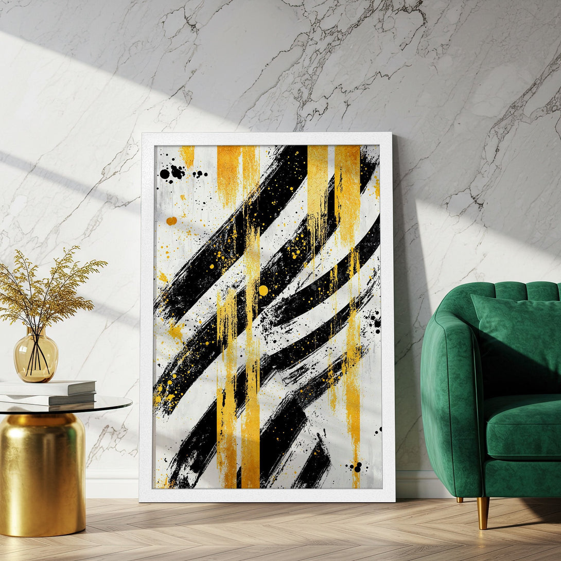 Framed Poster featuring abstract brushstroke art in black, gold, and white. Modern art print for home decor.