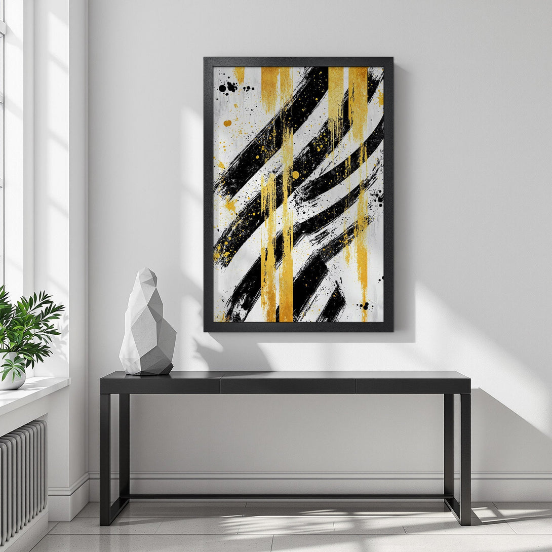 Framed Poster featuring abstract black, gold, and white brushstrokes. Modern art print perfect for home decor, adding a stylish touch to any space.