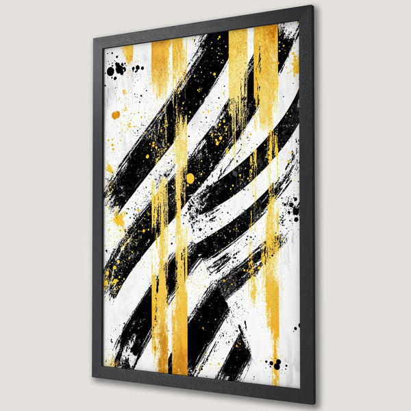 Framed Poster featuring abstract black, gold, and white brushstrokes. Modern art print for stylish wall decor.