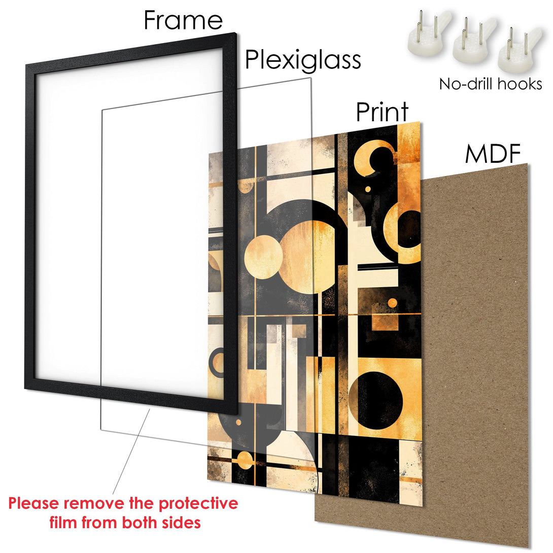 Framed Poster featuring an abstract geometric design in a black, gold, and beige color palette. Modern art for your wall!