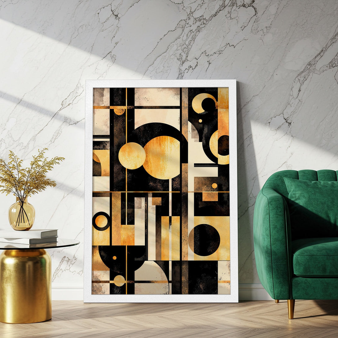Framed Poster featuring abstract geometric art in black, gold, and beige tones. Modern wall art for stylish decor.