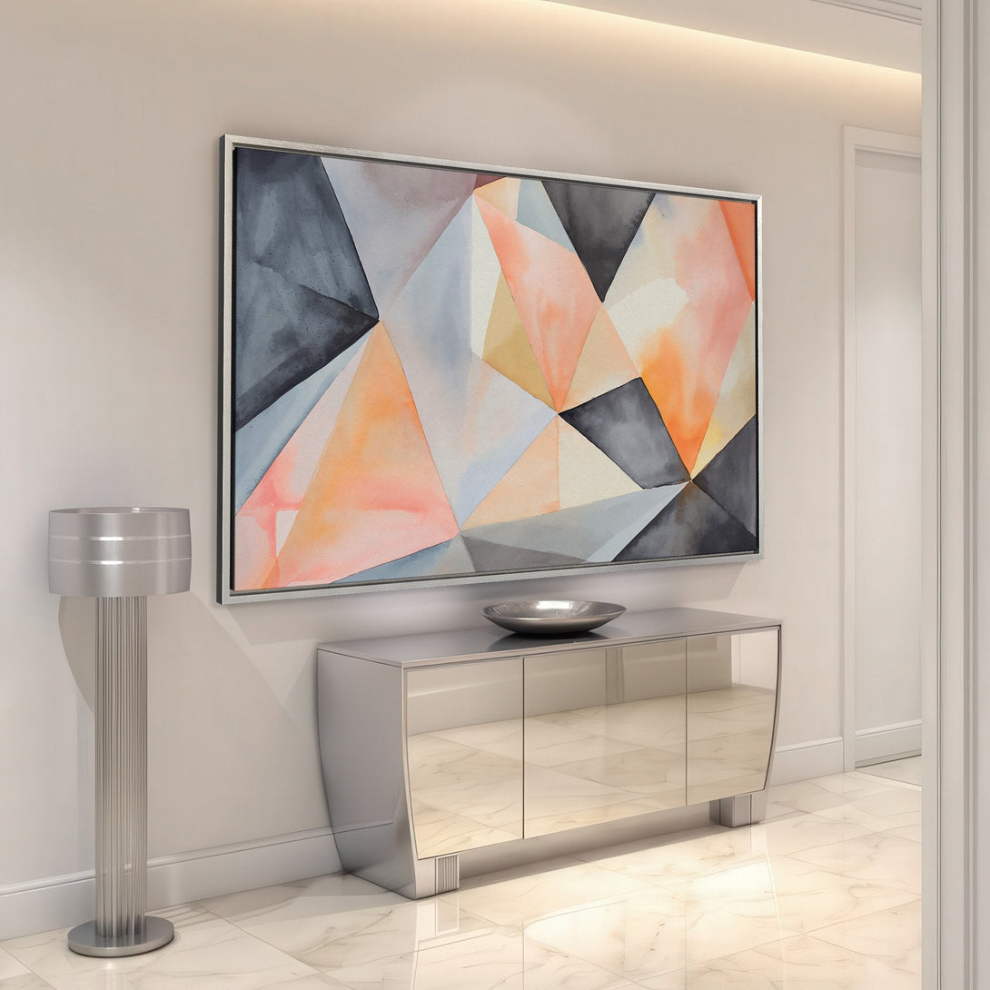 Framed Wall Art: Modern abstract geometric Canvas Print in a warm peach, gray, and neutral color palette. Perfect for adding style to any interior space.