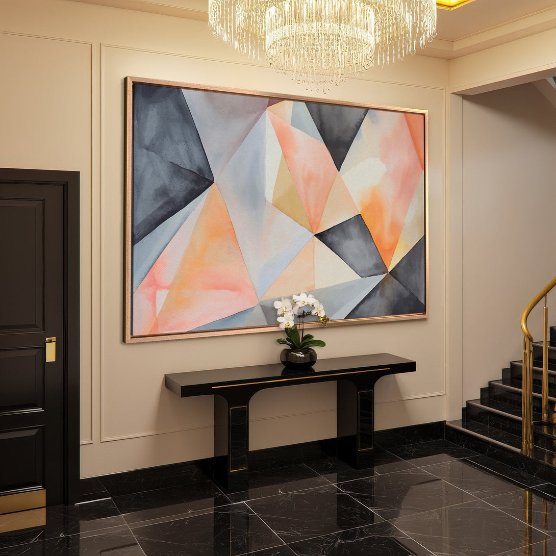 Framed Wall Art: Abstract geometric design in blush, gray, and orange. Modern Canvas Print adds a touch of elegance to any interior.