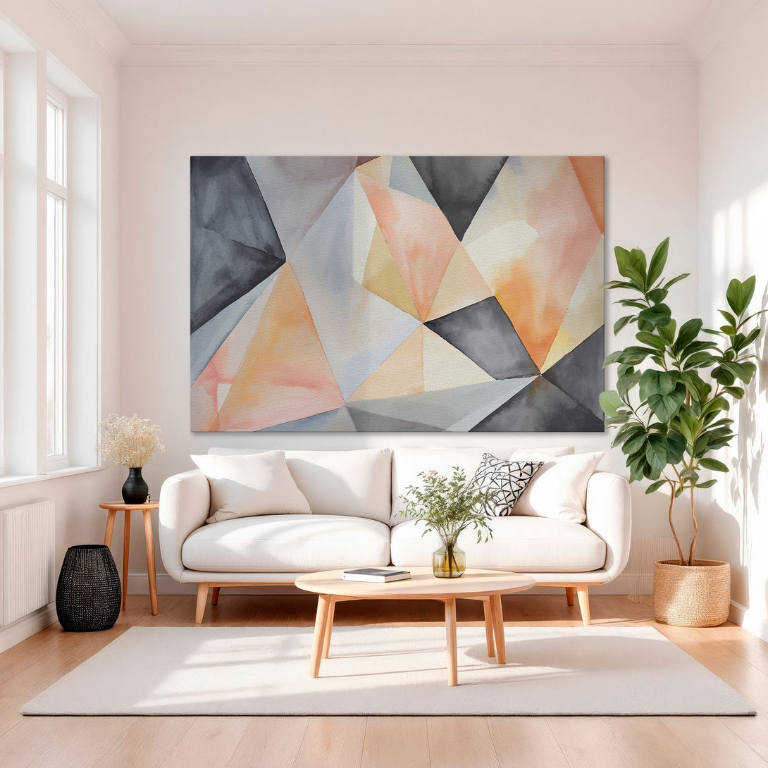 Framed Wall Art: Abstract geometric design in peach, gray, and gold. Modern canvas print adds a stylish touch to any interior decor.