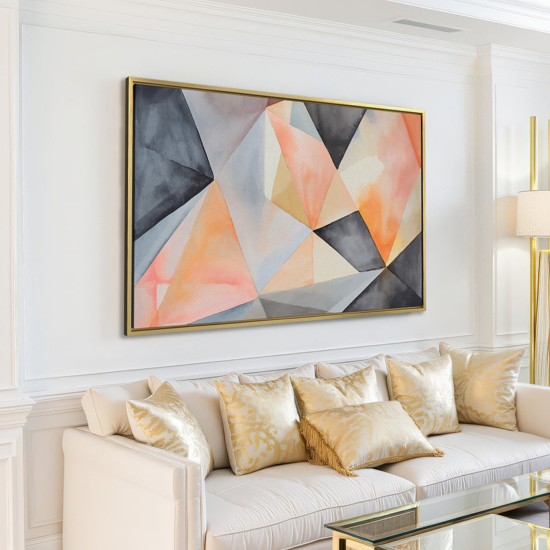Abstract Canvas Print in a modern living room. Features geometric shapes, watercolor style, and a soft, neutral color palette. Perfect wall art!
