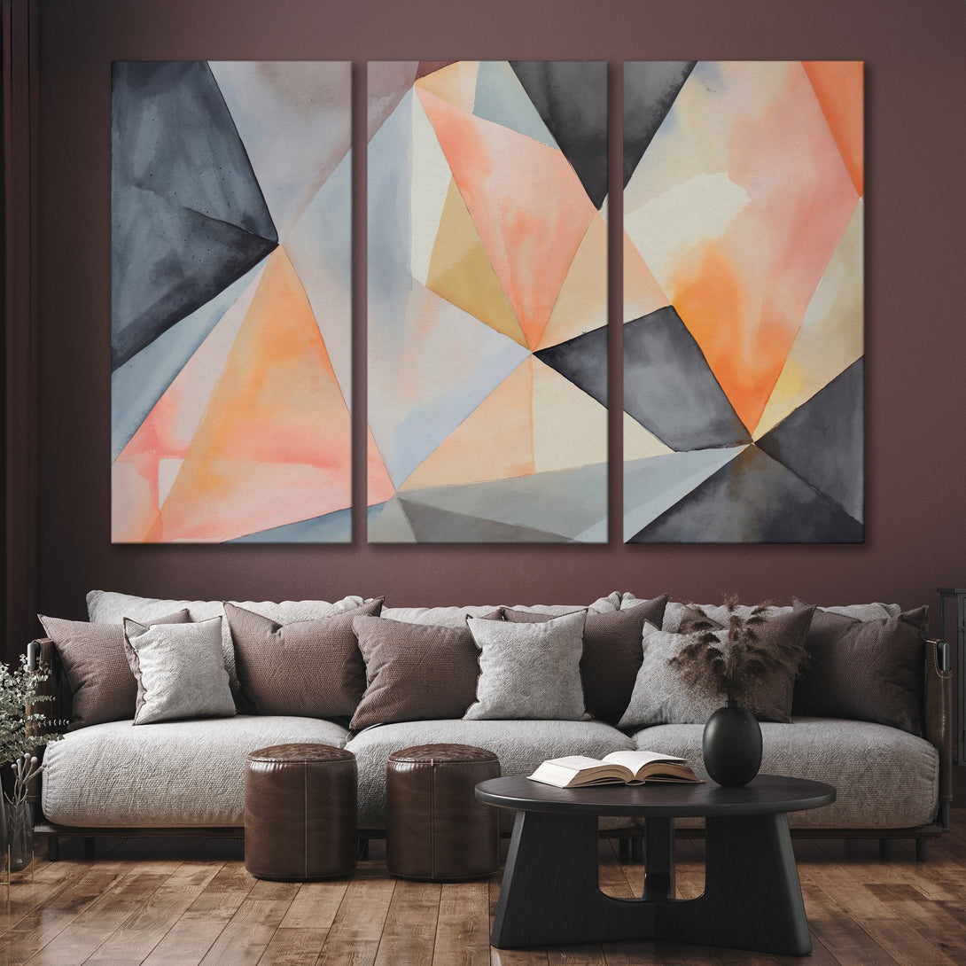 Canvas Print triptych featuring a modern abstract geometric design in watercolor style, with a warm peach, gray, and beige color palette.