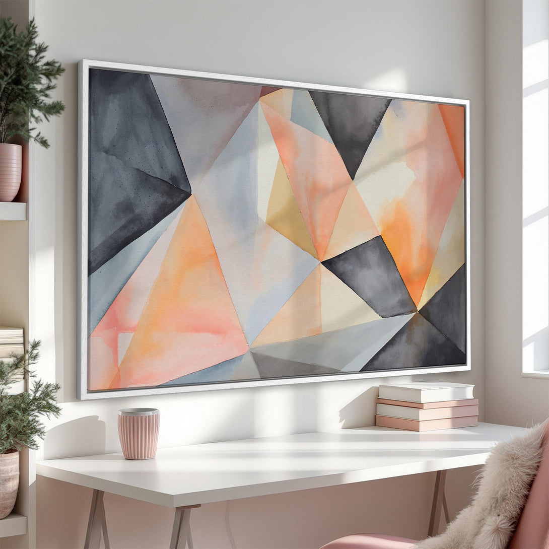 Framed Wall Art: Abstract geometric watercolor print in a modern interior. Features a warm color palette with peach, gray, and cream tones. Perfect for home decor.
