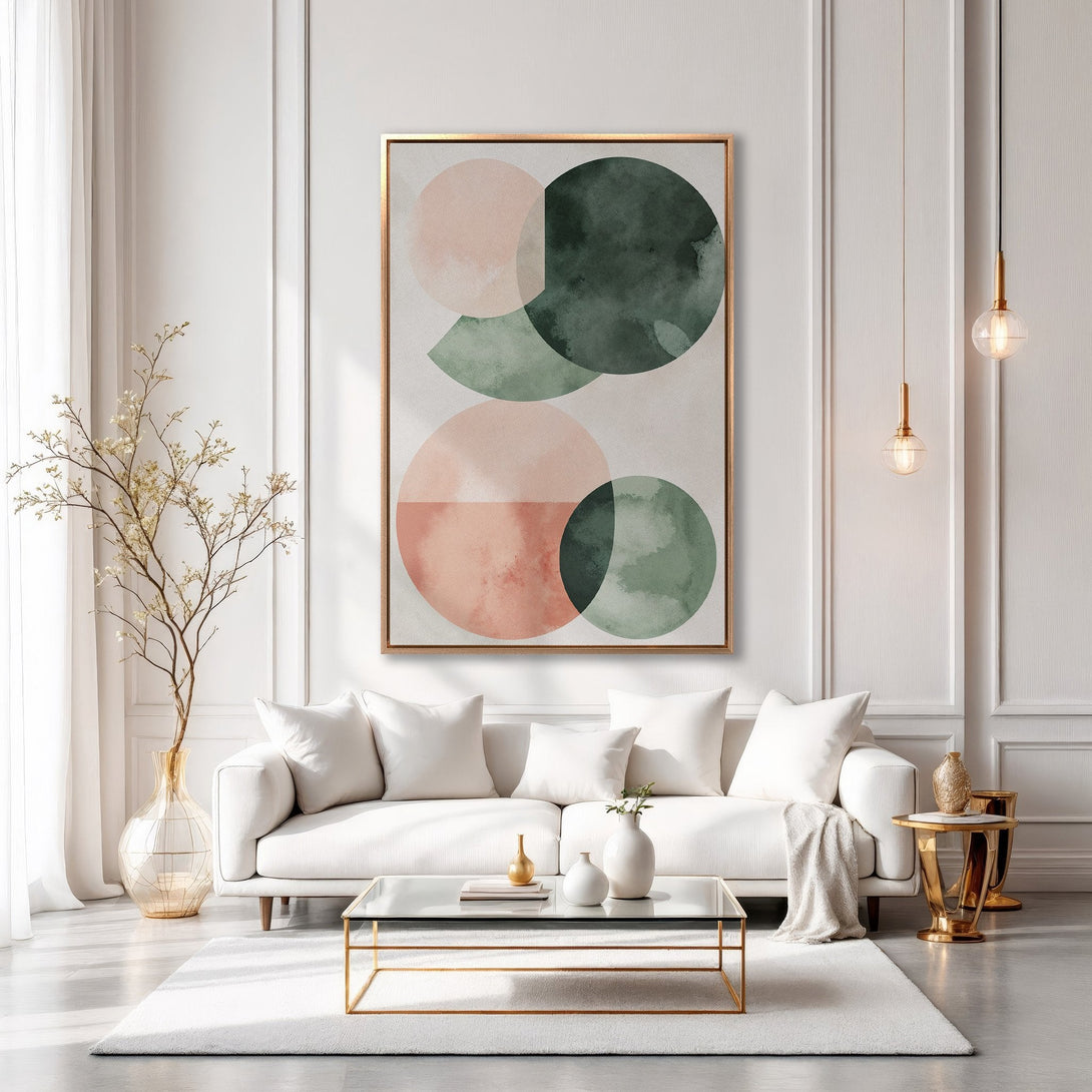 Framed Wall Art: Abstract geometric design in blush pink, green, and neutral tones. Modern Canvas Print adds a touch of elegance to any living room.