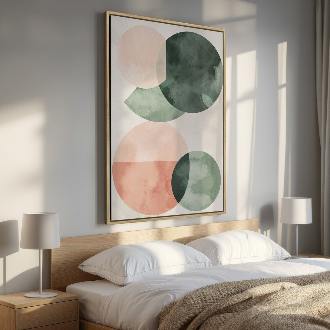 Framed Wall Art featuring abstract geometric shapes in blush pink and muted green. Modern art for bedroom decor.